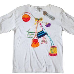 Vintage Victoria Harbour Purse Theme Tee, Beaded Embroidered White Cotton Shirt